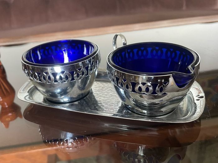 Vintage Silver Chromed Metal Cobalt Blue Glass Sugar and Creamer Set Serving Tray
