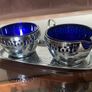 Vintage Silver Chromed Metal Cobalt Blue Glass Sugar and Creamer Set Serving Tray Image 2