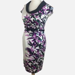 Izabella White Satin Purple Floral Pencil Dress With Bow Belt Uk 14 Includes Postage