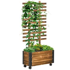Raised Bed with Trellis, 4 Wheels, Treated Pine Wood, 65 cm x 31 cm x 147 cm, Black + Brown