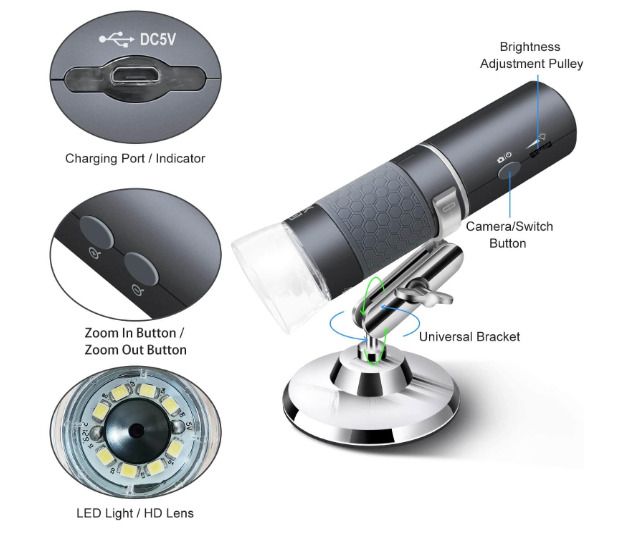 4K WiFi Microscope for iPhone Android PC, 50-1000X USB Digital Microscope Wireless Super HD Endoscope Camera Compatible with All Cellphones iPad Android Tablet Windows Mac
