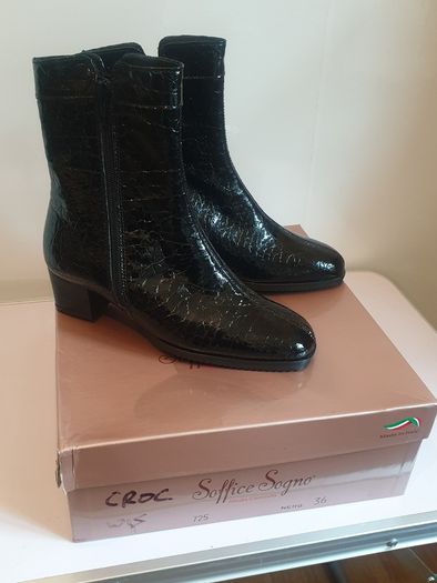 Soffice Sogno Ladies Black Italian Patent Leather Crocodile Print Ankle Boots UK3 New CAN POST