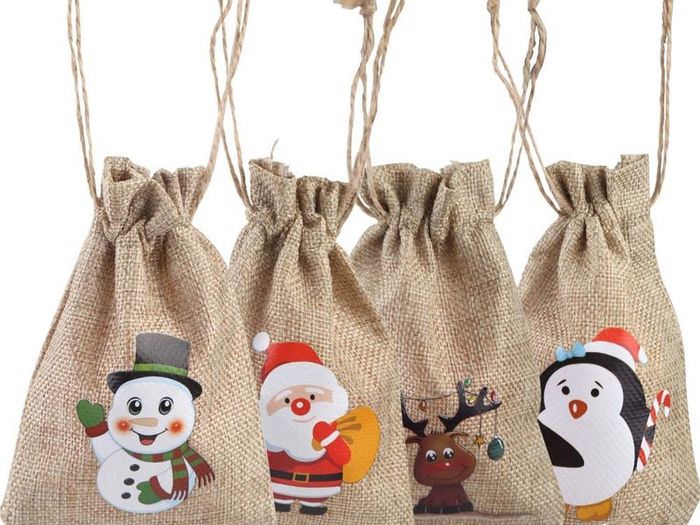 12 Christmas Jute Burlap Gift Bags Pouches with Drawstring Small Candy Bags for Xmas Favors