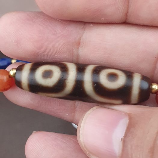 Antique Himalayan Tibetan 3 Eyes Agate Dzi Bead With Mix Lapis,carnelianPearls Necklace