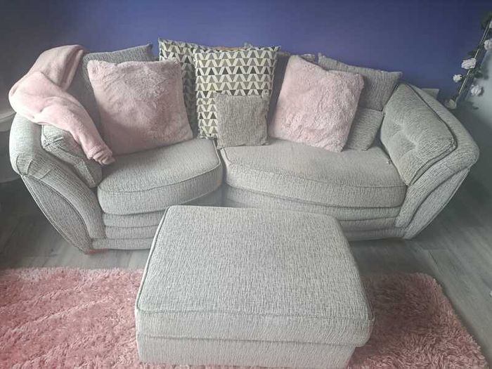 Grey Fabric Sofa & Matching Footstool