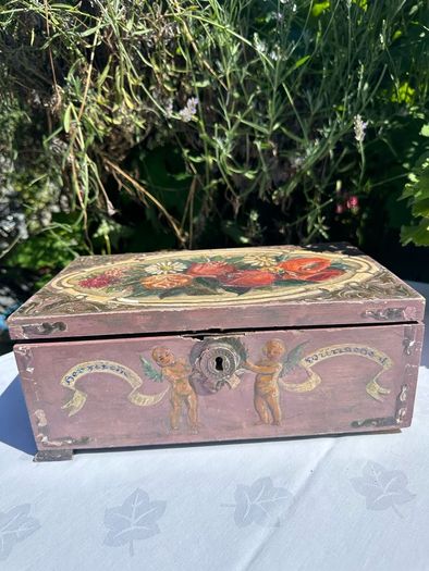 Hand painted wooden box with roses and cherubs