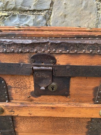 Late Victorian Antique Metal Bound Wooden Chest.