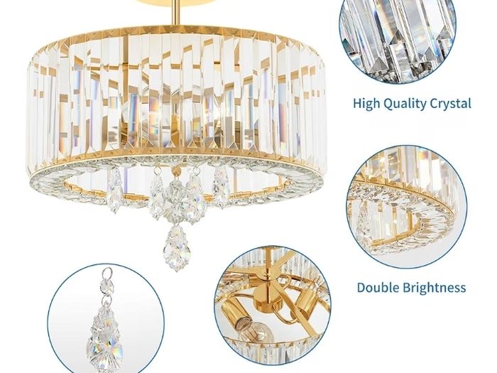 Gold Crystal Ceiling Lights,3-Light Modern LED Chandeliers Fitting,Industrial Crystal Semi Flush Mount Ceiling Lighting for Hallway Living Room Kitchen Bathroom,Dia 36.5cm E27 Base