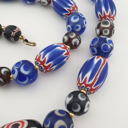 Vintage Venetian Style Mix Thousand Eyes & Chevron Glass Beads Necklace