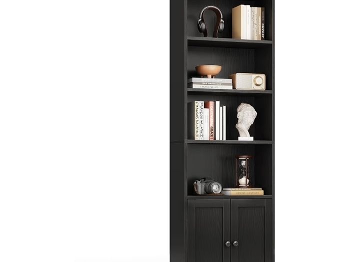 6-Tier Bookcase with Doors and Cabinet, Bookshelf Floor Standing Display Storage Shelf, Bookcases for Home, Office, Living Room, Bedroom, Black, 48 x 24 x 176.4