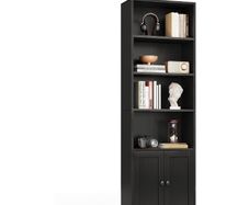 6-Tier Bookcase with Doors and Cabinet, Bookshelf Floor Standing Display Storage Shelf, Bookcases for Home, Office, Living Room, Bedroom, Black, 48 x 24 x 176.4
