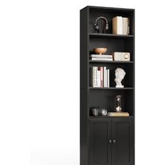 6-Tier Bookcase with Doors and Cabinet, Bookshelf Floor Standing Display Storage Shelf, Bookcases for Home, Office, Living Room, Bedroom, Black, 48 x 24 x 176.4