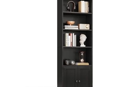6-Tier Bookcase with Doors and Cabinet, Bookshelf Floor Standing Display Storage Shelf, Bookcases for Home, Office, Living Room, Bedroom, Black, 48 x 24 x 176.4