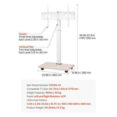 Rolling TV Stand, Mobile TV Cart for 32-70 Inch Screens, 25 Left-Right Rotation and Height Adjustable TV Mount on Wheels, Holds up to 99 lbs for Corner, Bedroom, Outdoor, Max VESA 600x400mm