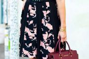 French Connection black/pink dress - floral &amp; pleated skirt