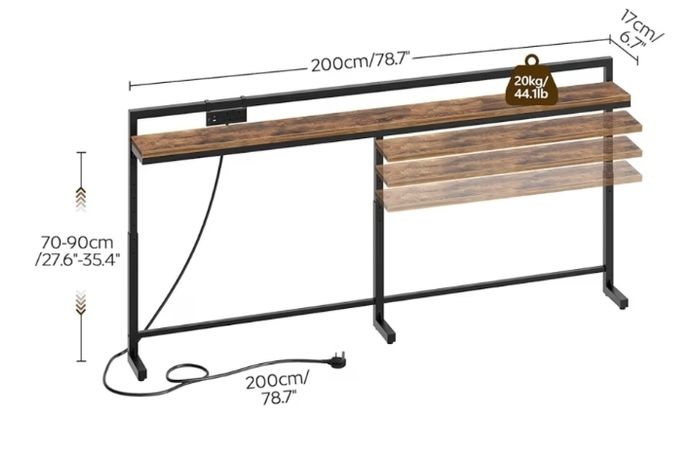 200 cm Slim Console Table with Adjustable Height (70 cm-90 cm), Behind Sofa Table Skinny with Outlet, Long Entryway Table, Couch Table Behind Sofa for Living Room, Rustic Brown