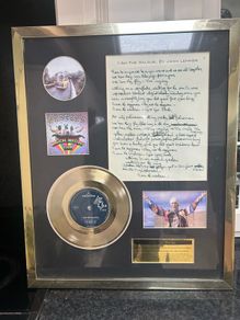 The Beatles I am the Walrus framed 7" 24kt gold plated vinyl handwritten lyrics display montage.