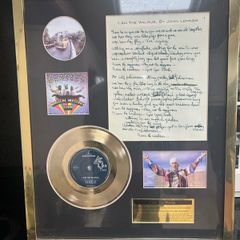 The Beatles I am the Walrus framed 7" 24kt gold plated vinyl handwritten lyrics display montage.