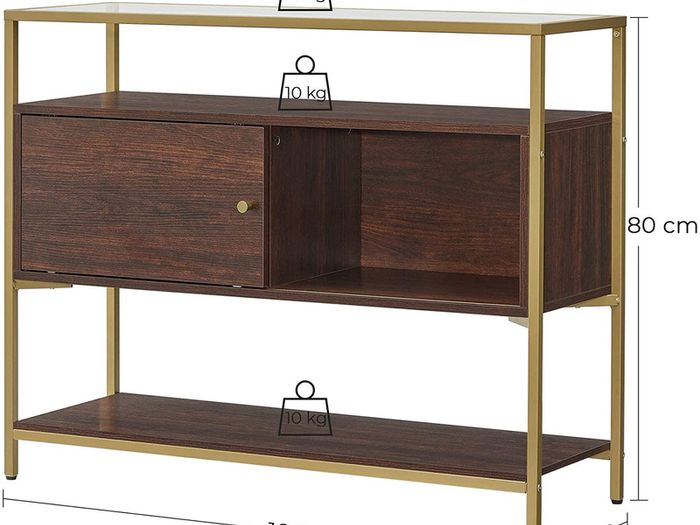 Sideboard Kitchen Cabinet Storage Cabinet with Sliding Door Tempered Glass Side Table Open Compartment Industrial Design for Dining Living Room Chocolate Brown Matt Gold