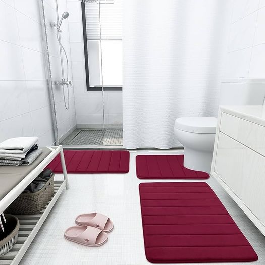 Memory Foam Bath Mat, 50 x 75 cm, Extra Soft Non-Slip Bathroom Mat, Super Absorbent Bath Mats for Bathroom Floor, Machine-Washable Dry Bath Rug Foot Mat, Wine Red