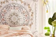 Sketched Floral Medallion Tapestry, White Bohemian Mandala Wall Hanging Tapestries (MULTIPLE SIZES)