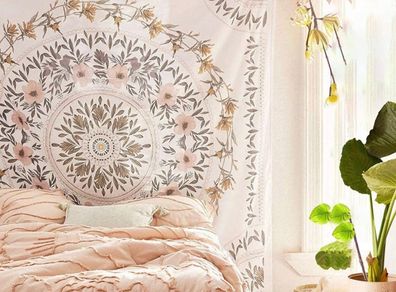 Sketched Floral Medallion Tapestry, White Bohemian Mandala Wall Hanging Tapestries (MULTIPLE SIZES)