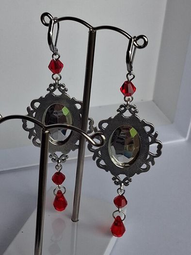 Gothic Ornate Filigree Deep Red Garnet Tassel Earrings