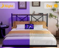 Double Floating Bed Frame with LED Lights and Charging Station