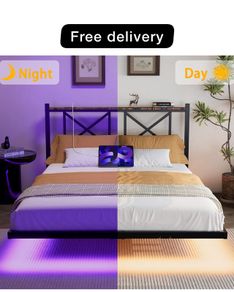 Double Floating Bed Frame with LED Lights and Charging Station