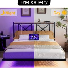 Double Floating Bed Frame with LED Lights and Charging Station