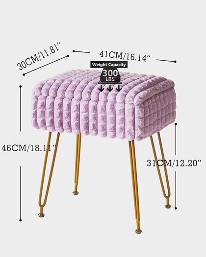 Rectangle Vanity Chair with Storage Space, Footrest Footstool Ottoman, Vanity Stool, Dressing Table Chair, with Anti-Slip Feet, for Makeup Room, Bedroom, Square Grid Pattern, Purple