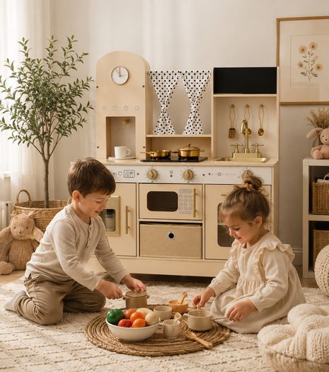 Wooden Kids Play Kitchen with Lights and Sounds Cream
