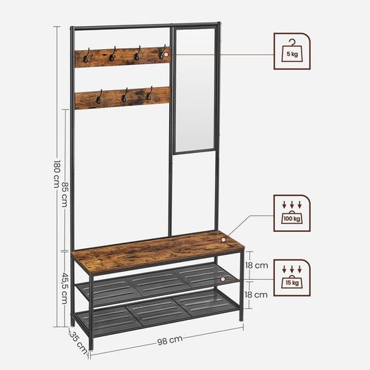 Coat Rack with Hooks, Clothes Rack with Mirror, Shoe Bench and Shelves, 36 x 98 x 185 cm, for Hallway, Bedroom, Living Room, Vintage Brown/Black