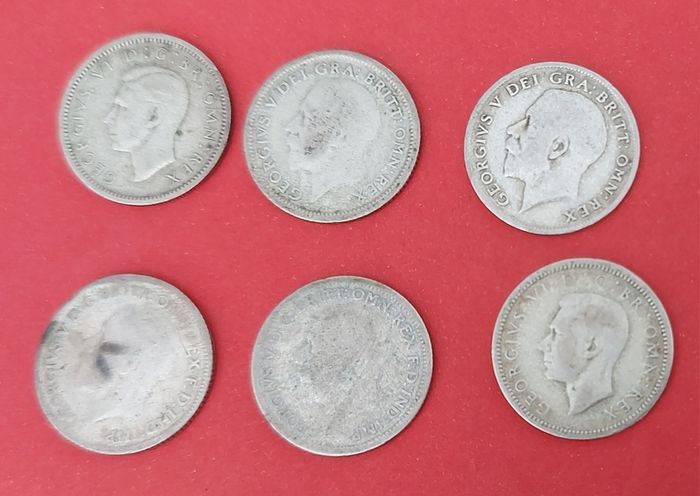 England 6 X 1920's 50% Silver Sixpence Coins