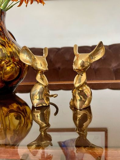 Two Vintage Stylised Big Eared Brass Mouse Figurines Brass Mice Ornaments 1970s
