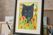 Poppy Field Feline Original Watercolour Painting