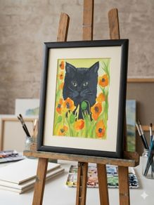 Poppy Field Feline Original Watercolour Painting