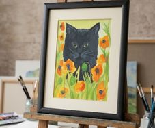 Poppy Field Feline Original Watercolour Painting