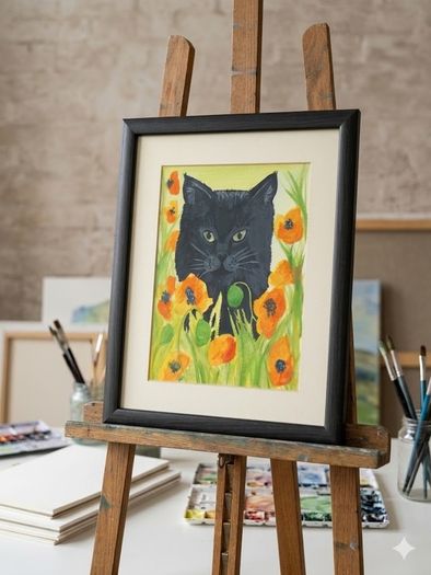 Poppy Field Feline Original Watercolour Painting
