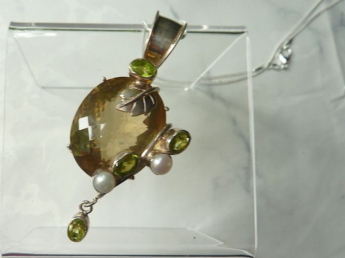 Large Modern Statement Citrine, Peridot & Pearl Pendant with Chain. Sterling Silver
