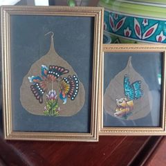 A pair of Vintage handpainted Peepal Leaf Paintings