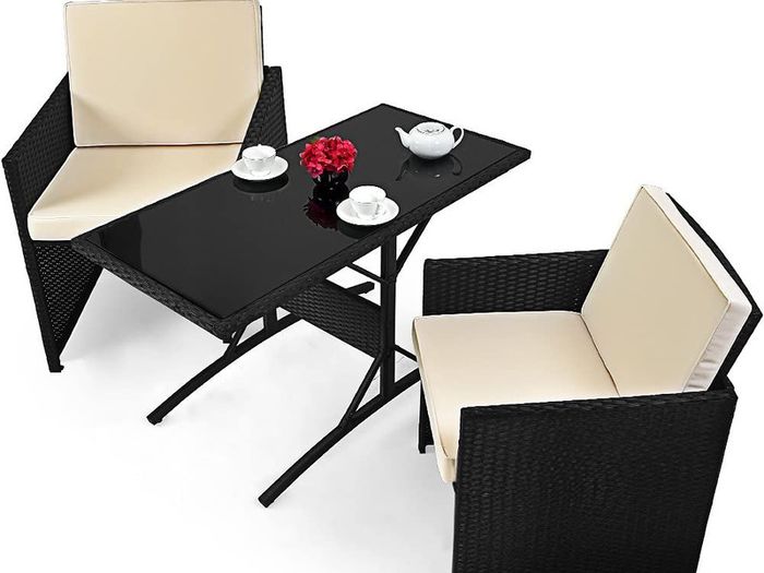 Poly rattan Balcony Cube Set, 7-cm thick cushions, 2 Chairs & 1 Table, 3-piece Garden Furniture Set