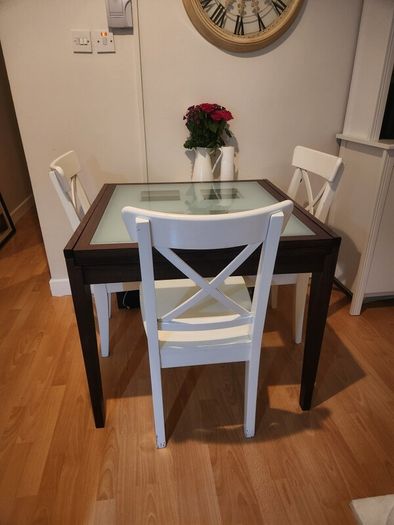 Extendable wood,  glass dining table set 3 white chairs