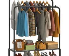 Double Rail Clothes Rack Heavy Duty Freestanding Metal Garment Organizer Stand with Dual Hanging Bars & Bottom Storage Shelf & Hook for Bedroom Laundry Room & Entryway (Black)