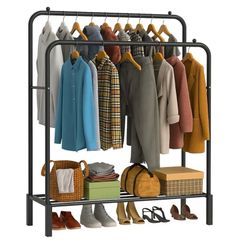 Double Rail Clothes Rack Heavy Duty Freestanding Metal Garment Organizer Stand with Dual Hanging Bars & Bottom Storage Shelf & Hook for Bedroom Laundry Room & Entryway (Black)