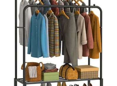 Double Rail Clothes Rack Heavy Duty Freestanding Metal Garment Organizer Stand with Dual Hanging Bars & Bottom Storage Shelf & Hook for Bedroom Laundry Room & Entryway (Black)