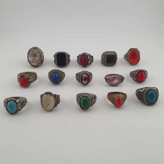 Antique Rings Lot 15 Mixed Brass, Stone & Glass Rings