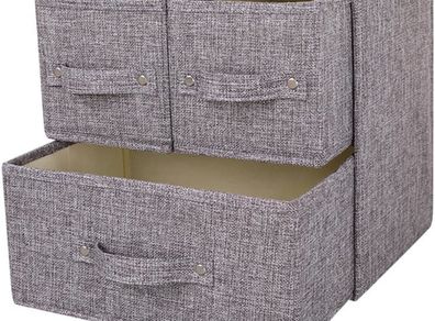Fabric Storage Box Storage Bins with Handle Drawer Organiser with Lid Folding Storage Bins Box Containers for Socks, Underwear, Bras, Ties, Scarves (Grey, 1 big + 2 small drawers)