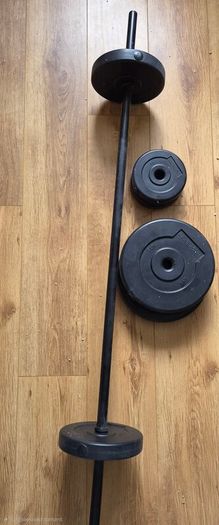 Weight set.  Barbell with weights.