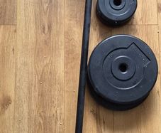 Weight set.  Barbell with weights.